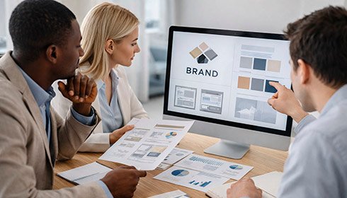 Creative professionals reviewing brand strategy and visual marketing concepts during an agency collaboration meeting