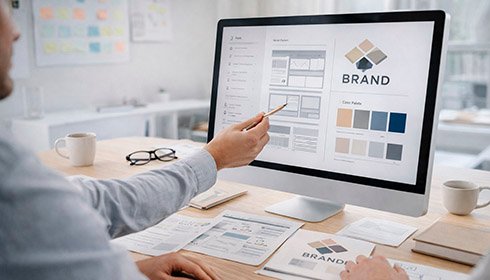 Visual marketing agency team analyzing UX, UI, and brand design elements on a digital screen in a modern office