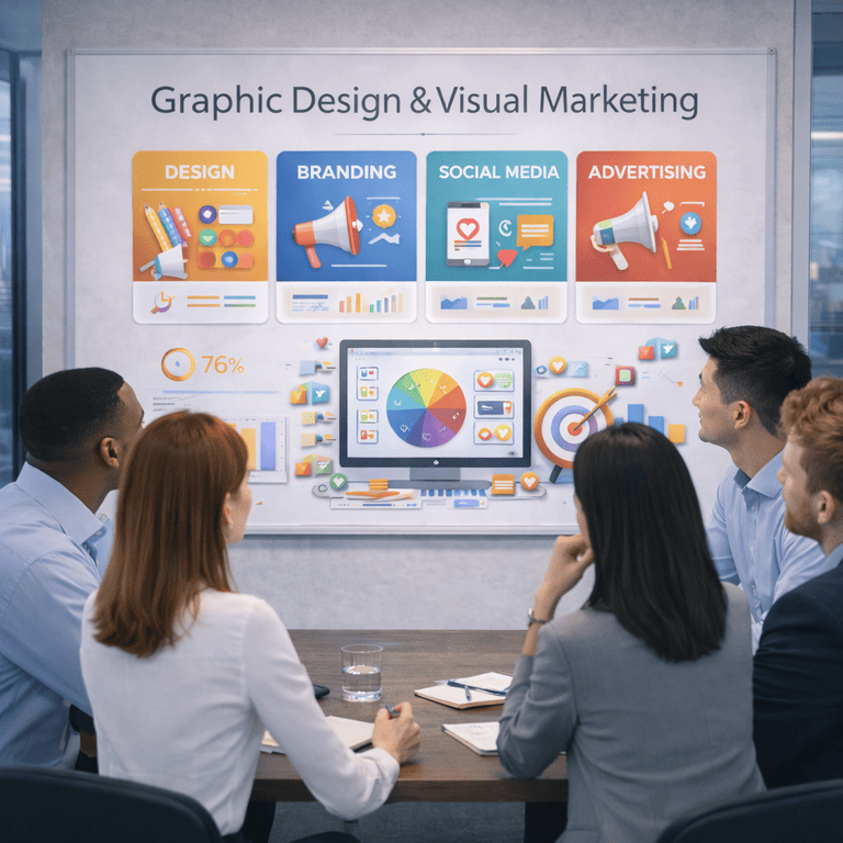 Visual marketing agency team developing graphic design strategies for business growth