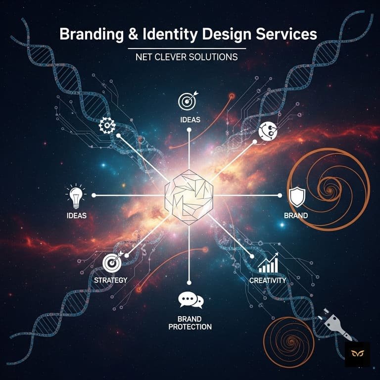Branding and identity design services showing brand strategy development, logo creation, visual identity system, and global brand positioning growth