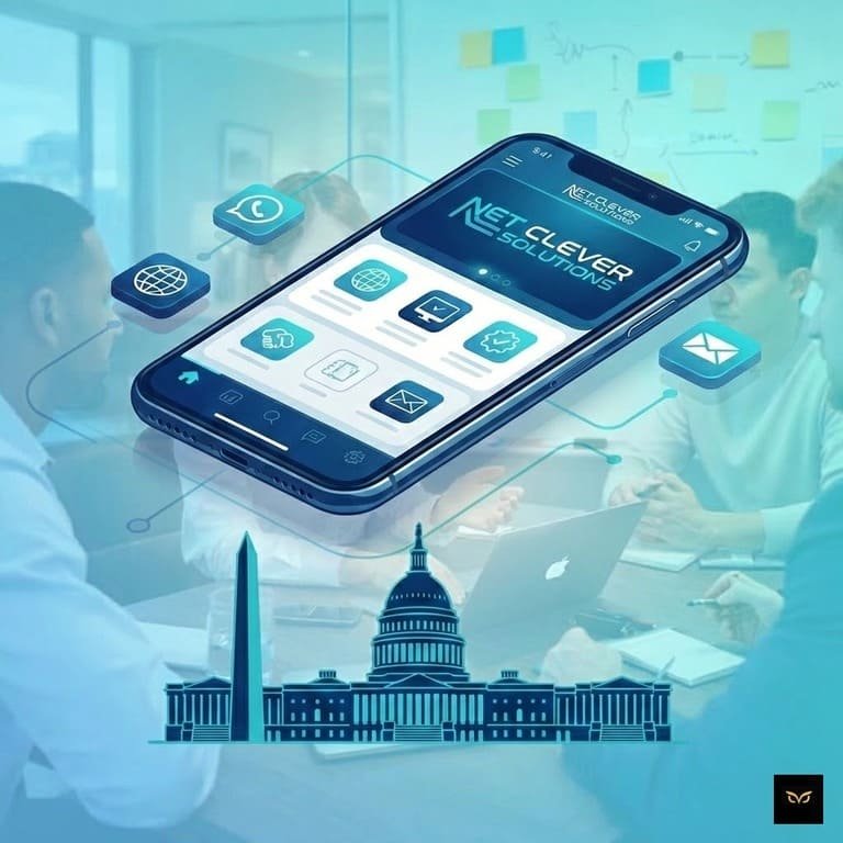 Mobile app development agency in Washington DC office environment with digital interface graphics and technology-focused branding by Net Clever Solutions